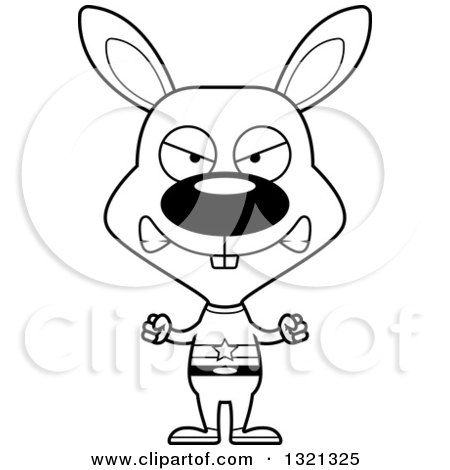 Lineart Clipart of a Cartoon Black and White Mad Rabbit Super Hero - Royalty Free Outline Vector Illustration by Cory Thoman