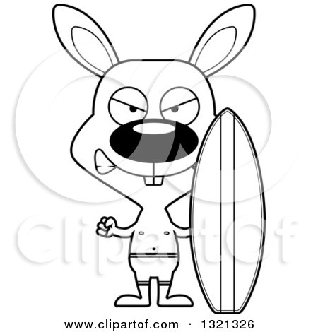 Lineart Clipart of a Cartoon Black and White Mad Rabbit Surfer - Royalty Free Outline Vector Illustration by Cory Thoman