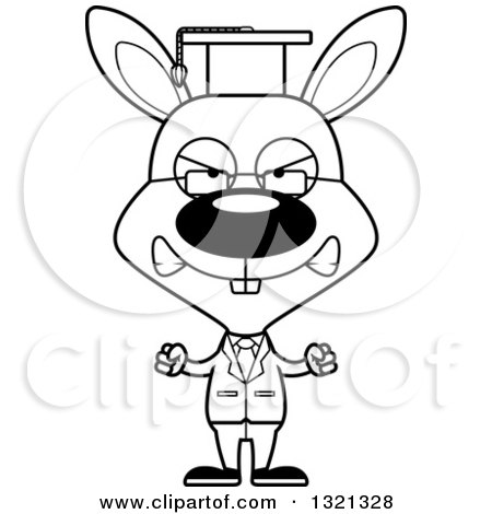 Lineart Clipart of a Cartoon Black and White Mad Rabbit Professor - Royalty Free Outline Vector Illustration by Cory Thoman