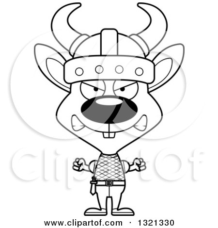Lineart Clipart of a Cartoon Black and White Mad Viking Rabbit - Royalty Free Outline Vector Illustration by Cory Thoman