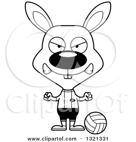 Lineart Clipart of a Cartoon Black and White Mad Rabbit Volleyball Player - Royalty Free Outline Vector Illustration by Cory Thoman