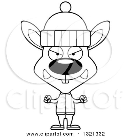 Lineart Clipart of a Cartoon Black and White Mad Rabbit in Winter Apparel - Royalty Free Outline Vector Illustration by Cory Thoman