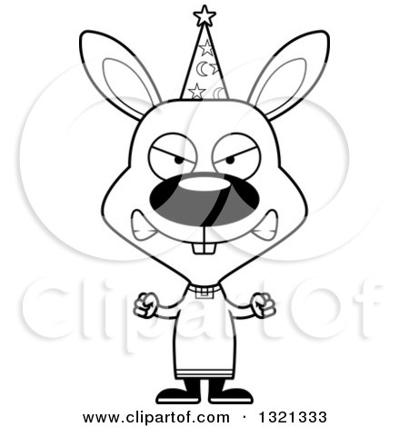 Lineart Clipart of a Cartoon Black and White Mad Rabbit Wizard - Royalty Free Outline Vector Illustration by Cory Thoman