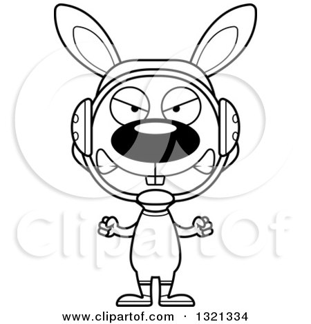 Lineart Clipart of a Cartoon Black and White Mad Rabbit Wrestler - Royalty Free Outline Vector Illustration by Cory Thoman