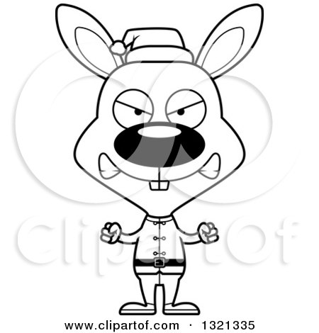 Lineart Clipart of a Cartoon Black and White Mad Rabbit Christmas Elf - Royalty Free Outline Vector Illustration by Cory Thoman