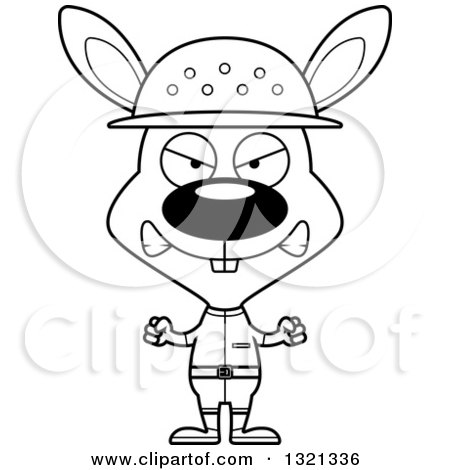 Lineart Clipart of a Cartoon Black and White Mad Rabbit Zookeeper - Royalty Free Outline Vector Illustration by Cory Thoman