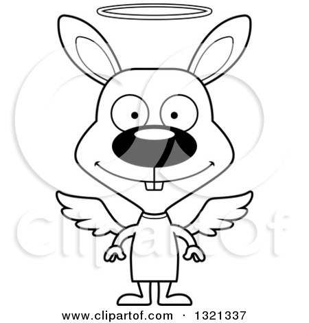Lineart Clipart of a Cartoon Black and White Happy Rabbit Angel - Royalty Free Outline Vector Illustration by Cory Thoman