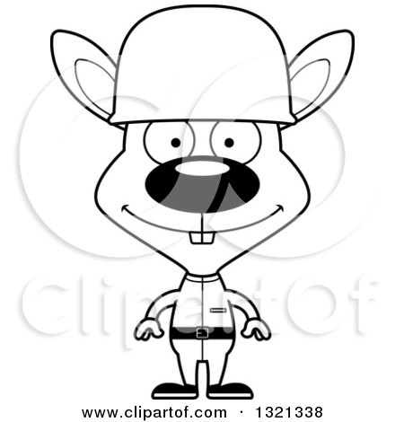 Lineart Clipart of a Cartoon Black and White Happy Rabbit Soldier - Royalty Free Outline Vector Illustration by Cory Thoman