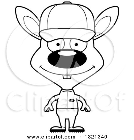 Lineart Clipart of a Cartoon Black and White Happy Rabbit Baseball Coach - Royalty Free Outline Vector Illustration by Cory Thoman