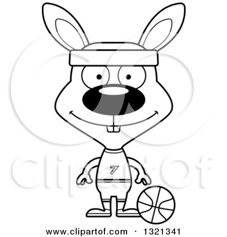 Lineart Clipart of a Cartoon Black and White Happy Rabbit Soccer Player - Royalty Free Outline Vector Illustration by Cory Thoman
