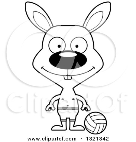 Lineart Clipart of a Cartoon Black and White Happy Rabbit Beach Volleyball Player - Royalty Free Outline Vector Illustration by Cory Thoman