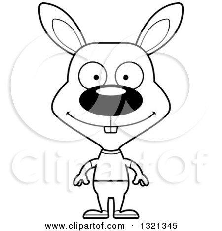 Lineart Clipart of a Cartoon Black and White Happy Casual Rabbit - Royalty Free Outline Vector Illustration by Cory Thoman