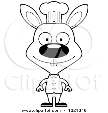 Lineart Clipart of a Cartoon Black and White Happy Rabbit Chef - Royalty Free Outline Vector Illustration by Cory Thoman