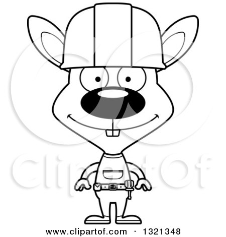 Lineart Clipart of a Cartoon Black and White Happy Rabbit Construction Worker - Royalty Free Outline Vector Illustration by Cory Thoman