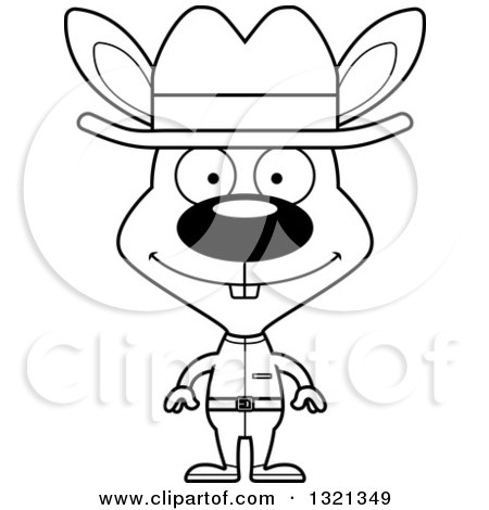 Lineart Clipart of a Cartoon Black and White Happy Rabbit Cowboy - Royalty Free Outline Vector Illustration by Cory Thoman
