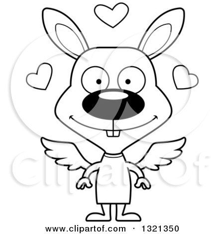 Lineart Clipart of a Cartoon Black and White Happy Rabbit Cupid - Royalty Free Outline Vector Illustration by Cory Thoman