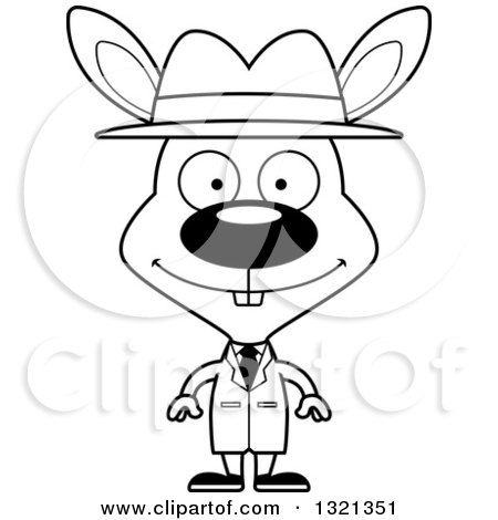 Lineart Clipart of a Cartoon Black and White Happy Rabbit Detective - Royalty Free Outline Vector Illustration by Cory Thoman