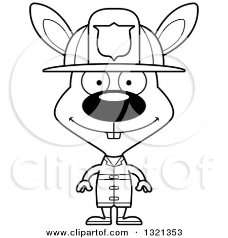 Lineart Clipart of a Cartoon Black and White Happy Rabbit Fire Fighter - Royalty Free Outline Vector Illustration by Cory Thoman
