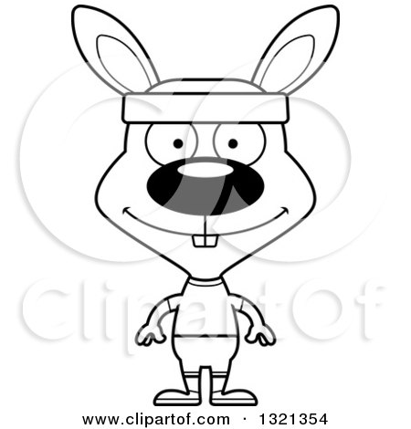 Lineart Clipart of a Cartoon Black and White Happy Fitness Rabbit - Royalty Free Outline Vector Illustration by Cory Thoman