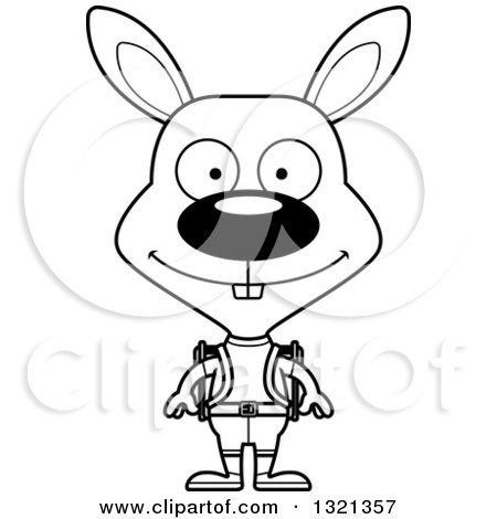 Lineart Clipart of a Cartoon Black and White Happy Rabbit Hiker - Royalty Free Outline Vector Illustration by Cory Thoman