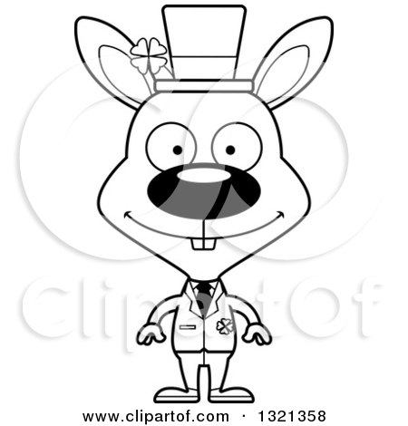 Lineart Clipart of a Cartoon Black and White Happy St Patricks Day Irish Rabbit - Royalty Free Outline Vector Illustration by Cory Thoman