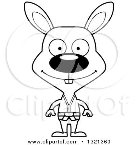 Lineart Clipart of a Cartoon Black and White Happy Karate Rabbit - Royalty Free Outline Vector Illustration by Cory Thoman
