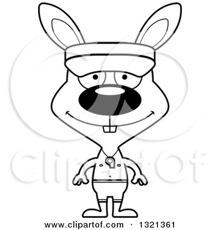 Lineart Clipart of a Cartoon Black and White Happy Rabbit Lifeguard - Royalty Free Outline Vector Illustration by Cory Thoman