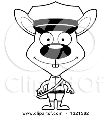 Lineart Clipart of a Cartoon Black and White Happy Rabbit Mail Man - Royalty Free Outline Vector Illustration by Cory Thoman