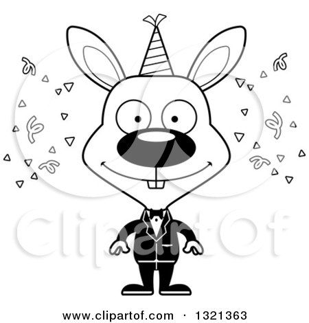 Lineart Clipart of a Cartoon Black and White Happy New Year Party Rabbit - Royalty Free Outline Vector Illustration by Cory Thoman