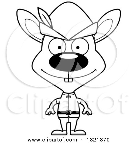 Lineart Clipart of a Cartoon Black and White Happy Rabbit Robin Hood - Royalty Free Outline Vector Illustration by Cory Thoman