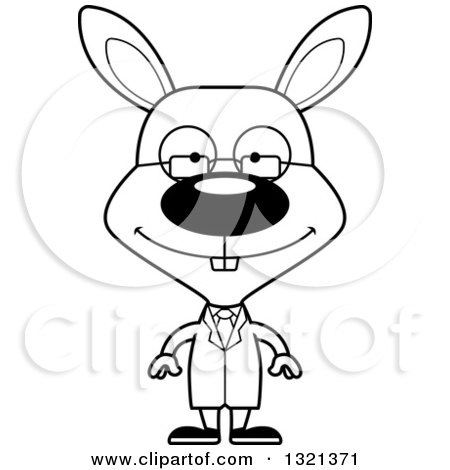 Lineart Clipart of a Cartoon Black and White Happy Rabbit Scientist - Royalty Free Outline Vector Illustration by Cory Thoman