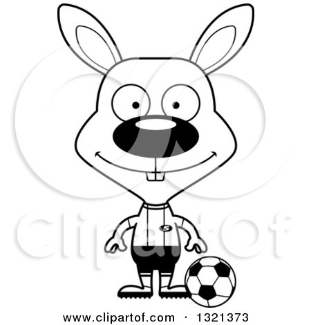 Lineart Clipart of a Cartoon Black and White Happy Rabbit Soccer Player - Royalty Free Outline Vector Illustration by Cory Thoman