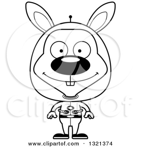 Lineart Clipart of a Cartoon Black and White Happy Spaceman Rabbit - Royalty Free Outline Vector Illustration by Cory Thoman