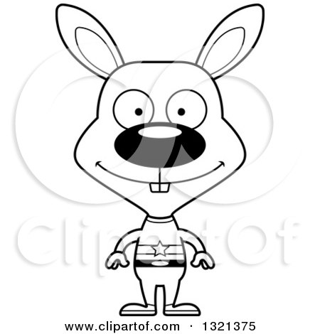 Lineart Clipart of a Cartoon Black and White Happy Rabbit Super Hero - Royalty Free Outline Vector Illustration by Cory Thoman