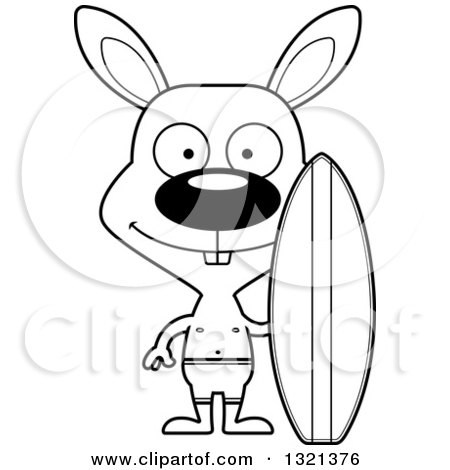 Lineart Clipart of a Cartoon Black and White Happy Rabbit Surfer - Royalty Free Outline Vector Illustration by Cory Thoman