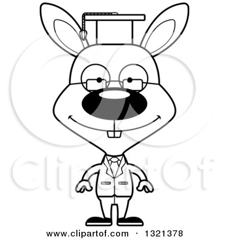 Lineart Clipart of a Cartoon Black and White Happy Rabbit Professor - Royalty Free Outline Vector Illustration by Cory Thoman
