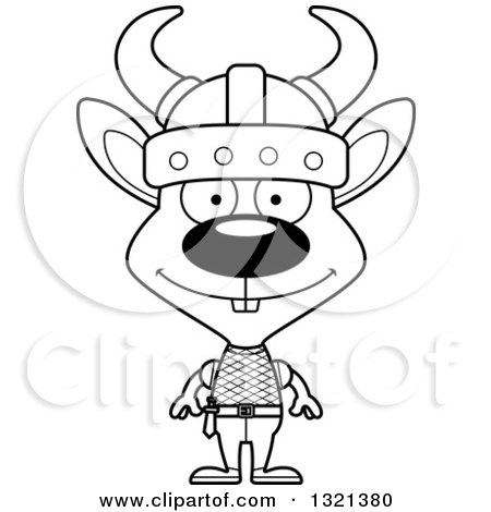Lineart Clipart of a Cartoon Black and White Happy Viking Rabbit - Royalty Free Outline Vector Illustration by Cory Thoman