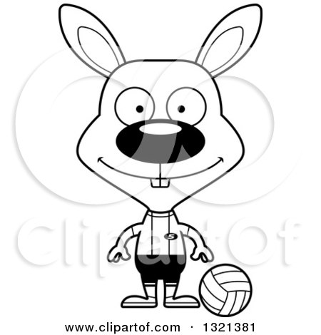 Lineart Clipart of a Cartoon Black and White Happy Rabbit Volleyball Player - Royalty Free Outline Vector Illustration by Cory Thoman