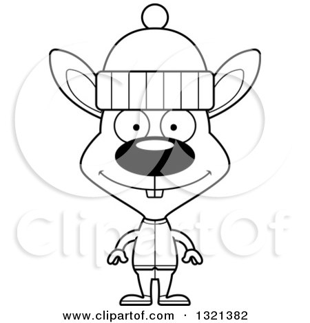 Lineart Clipart of a Cartoon Black and White Happy Rabbit in Winter Apparel - Royalty Free Outline Vector Illustration by Cory Thoman