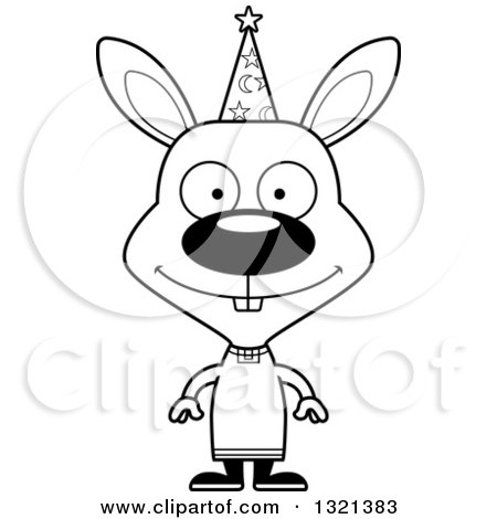 Lineart Clipart of a Cartoon Black and White Happy Rabbit Wizard - Royalty Free Outline Vector Illustration by Cory Thoman
