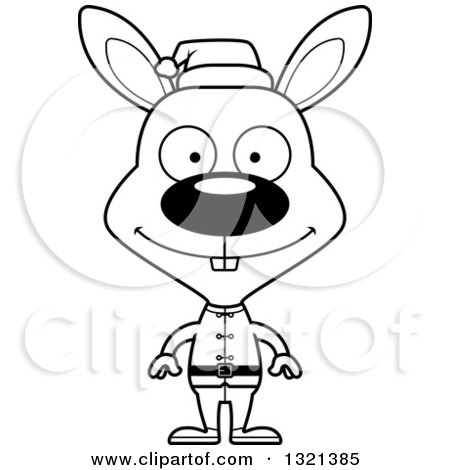 Lineart Clipart of a Cartoon Black and White Happy Rabbit Christmas Elf - Royalty Free Outline Vector Illustration by Cory Thoman