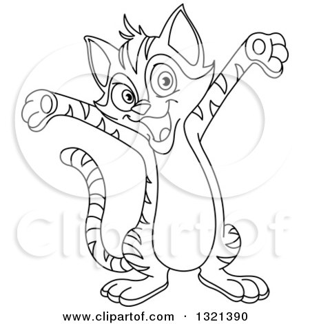 Lineart Clipart of a Cartoon Black and White Happy Cheering Tabby Cat - Royalty Free Outline Vector Illustration by yayayoyo
