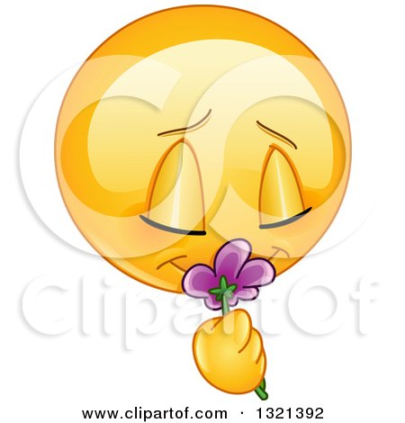 Clipart of a Cartoon Yellow Emoticon Smiley Face Smelling a Flower - Royalty Free Vector Illustration by yayayoyo