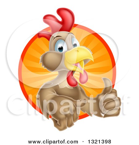 Clipart of a Happy Brown Chicken or Rooster Mascot Giving a Thumb up and Emerging from a Sun Ray Circle - Royalty Free Vector Illustration by AtStockIllustration