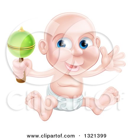 Clipart of a Bald Blue Eyed White Baby Boy Sitting in a Diaper and Shaking a Rattle - Royalty Free Vector Illustration by AtStockIllustration