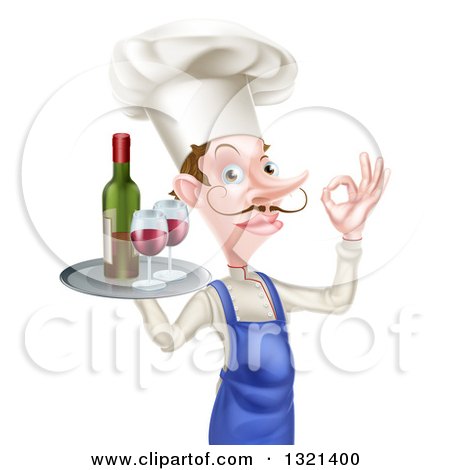 Clipart of a White Male Chef with a Curling Mustache, Gesturing Okay and Holding a Tray with Red Wine - Royalty Free Vector Illustration by AtStockIllustration