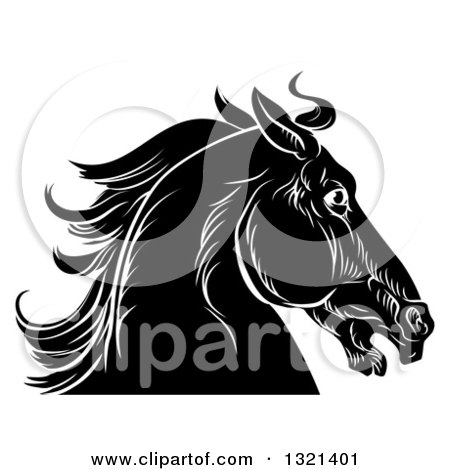Clipart of a Black and White Sketched Horse Head in Profile - Royalty Free Vector Illustration by AtStockIllustration