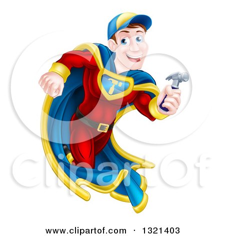 Clipart of a Happy Brunette Caucasian Carpenter Worker Man Super Hero Running with a Hammer - Royalty Free Vector Illustration by AtStockIllustration