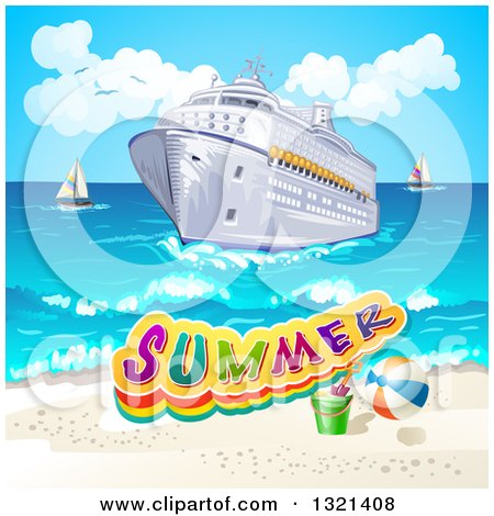Clipart of a Cruise Ship and Beach with Text and Sailboats in the Background - Royalty Free Vector Illustration by merlinul