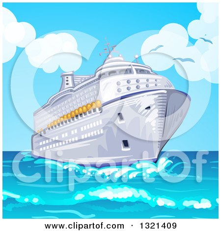 Clipart of a Cruise Ship and Blue Sky - Royalty Free Vector Illustration by merlinul